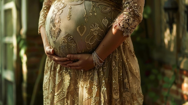 Elegante zwangere vrouw in traditionele kleding die de buik vasthoudt Tenderly Maternity Beauty Portrait