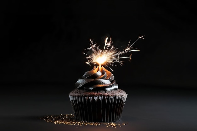 Elegante zwarte cupcake met glitter sterretje en kopieer ruimte op zwarte achtergrond Happy Birthday dessert Lege ruimte voor tekst Ansichtkaart wenskaart ontwerp Generatieve AI