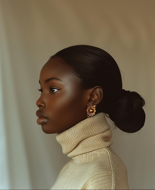 Elegante zwarte vrouw in turtleneck trui met neutrale achtergrond Generatieve AI