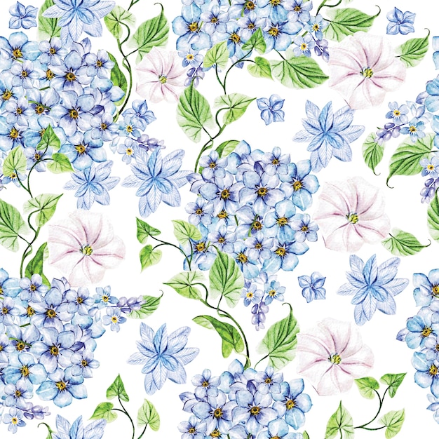 Elegantie aquarel bruiloft naadloze patroon met lente blauwe bloemen en winde.