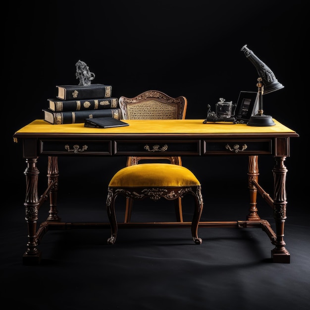 Elegantie en verfijning Klassiek bureau en stoel versierd met een levendig geel tafeldoek agai