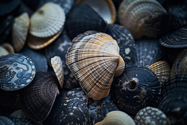 Elegantie in de natuur close-up van een zwart schelpje op een zandstrand Zee-leven concept