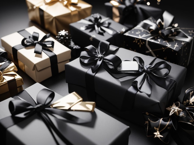 Elegantie in het schenken van geschenken met zwart lint tegen zwarte achtergrond 22