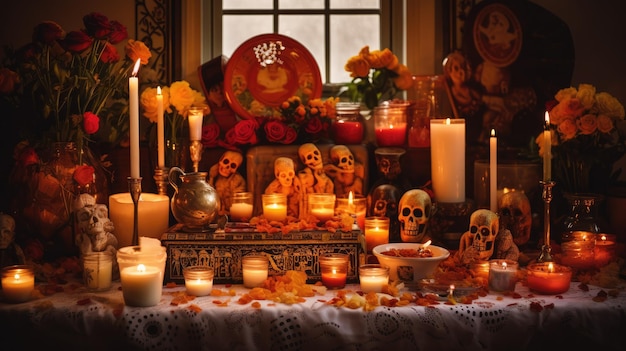 elegantly adorned altar with candles and offerings to commemorate the day of the death