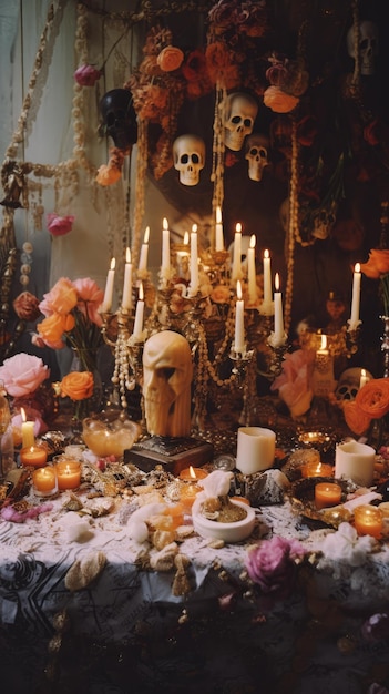 элегантно украшенный алтарь со свечами и подношениями в память о дне смерти