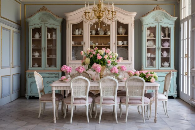 Elegantly adorned with ornate furniture and delicate details this charming vintage French dining