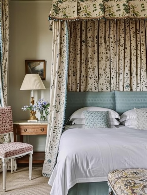 優雅に装飾された寝室は,クラシックな家具と柔らかい招待的なカラーパレットで補完された,花のパターン付きの敷き布団と寝具で,ヴィンテージの魅力を発揮します.