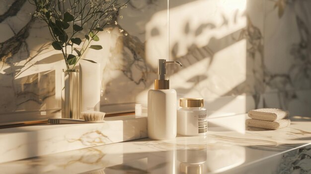 Elegantly arranged bathroom products on a marble countertop represent a tranquil setting