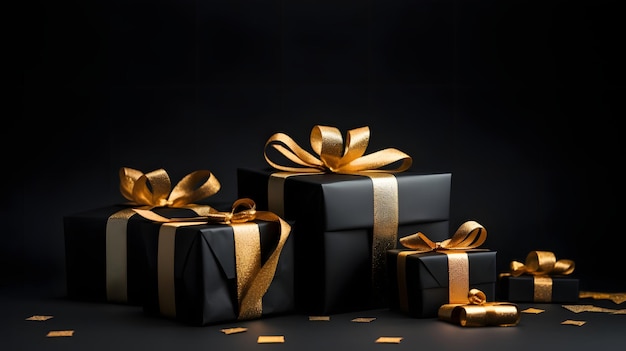 Elegantly arranged and wrapped gifts in dark paper with gold bow Dark background with fog Black friday Cyber Monday banner advertising illustration The atmosphere of shopping and promotions
