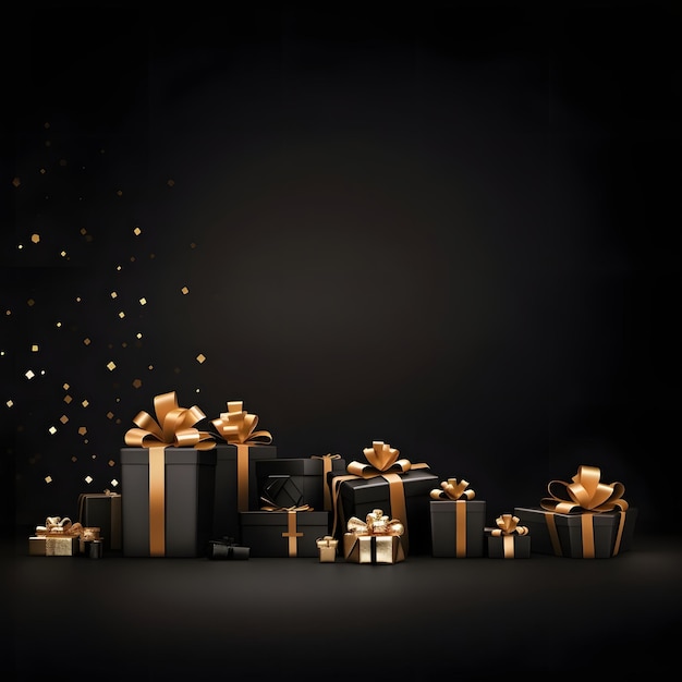 Elegantly arranged and wrapped gifts in dark paper with gold bows banner with space for your own content Blank space for caption