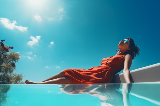 Photo elegantly contoured woman resting gracefully by the cloudless poolside ar 32