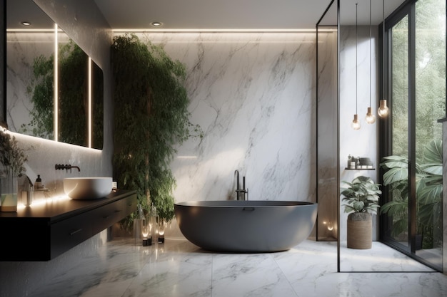 An elegantly designed bathroom decor with tiles and lighting