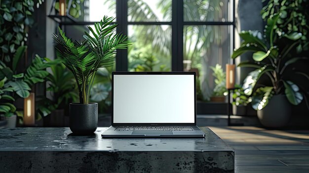 An elegantly designed home office with a desk laptop and a large monitor isolated screen in a bright modern interior