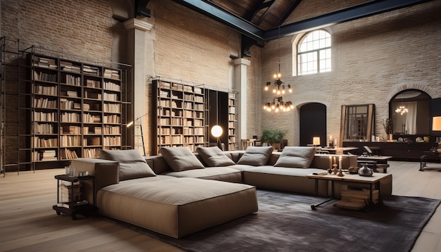 Photo elegantly designed loft living with exposed brick walls high ceilings and chic industrial accents