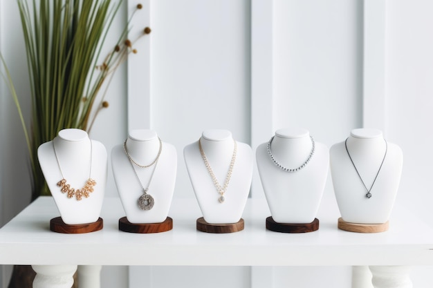 Photo elegantly displayed necklaces on white wooden podiums a captivating presentation with room for text