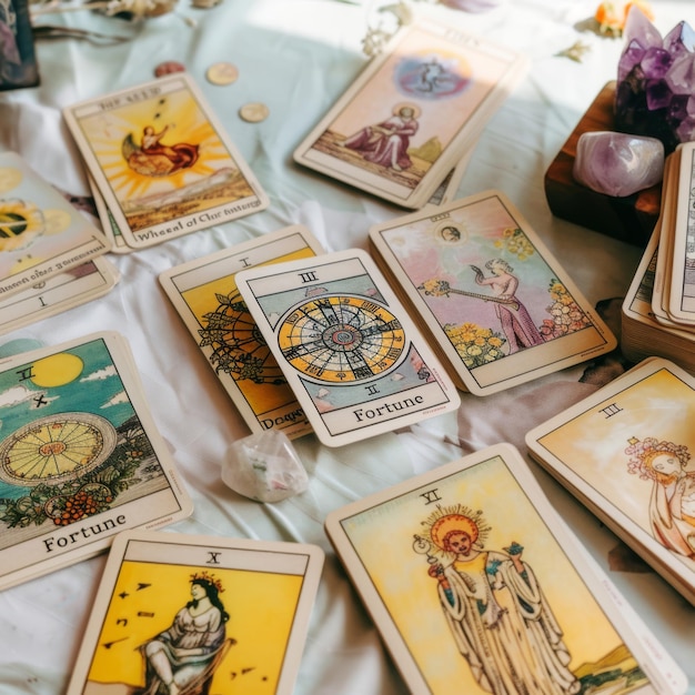 Photo elegantly displayed tarot cards bask in natural light arranged meticulously on a pristine surface