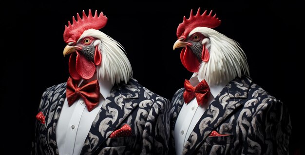 Photo elegantly dressed angry twin roosters rooster in the farm