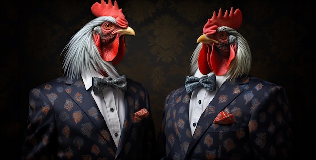 Photo elegantly dressed angry twin roosters rooster in the farm