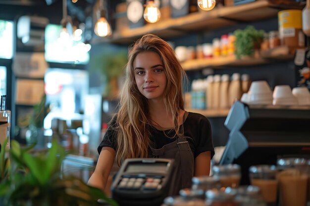 Elegantly dressed girl cashier working at the coffee shop register while standing at the counter Generative AI