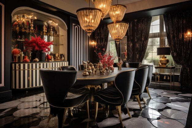 Elegantly Luxurious Vintage Hollywood Regency Dining Room with Bold Patterns and Opulent Materials