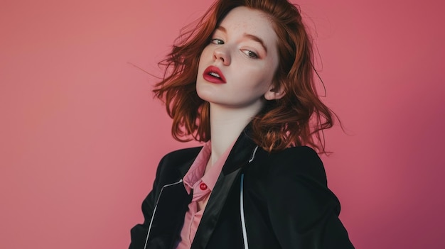 Elegantly poised redhaired woman against a vivid pink backdrop exudes modern sophistication