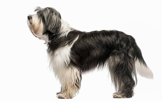 Elegantly posed Bearded Collie with black and white fur in a profile view isolated on a white background displaying its thick coat and bushy tail