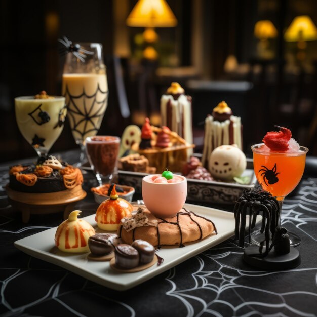 Photo elegantly presented french patisseries and desserts for halloween trick or treat celebration a scin