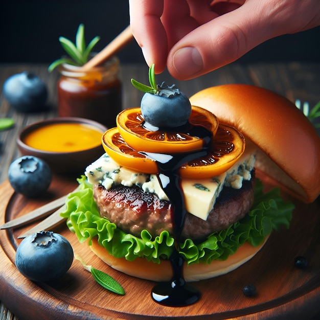 An elegantly presented gourmet burger with the richness of blue cheese