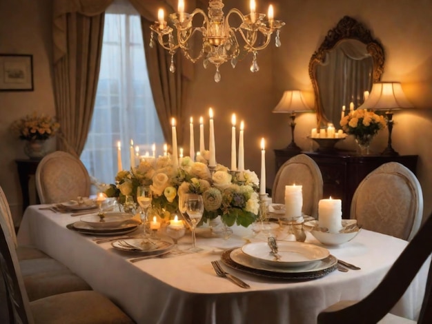 Элегантно установленный обеденный стол с пустым стулом, украшенным свечами, цветами и изысканной посудой, фон излучает уютную и интимную атмосферу.