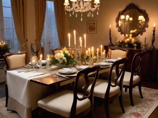 An elegantly set dining table with an empty chair adorned with candles flowers and fine dinnerware The background exudes a cozy and intimate atmosphere