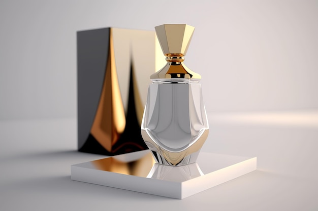 Флакон духов элегантной формы с золотой крышкой на подиуме в стиле минималистического макета аромата Generative AI