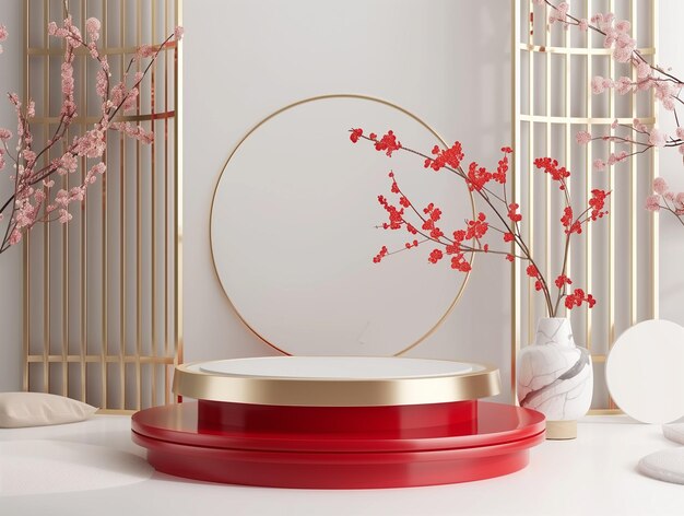 Photo elegantly styled interior with a circular red podium gold accents and flowering branches in a marble