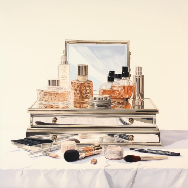 Elegantly Timeless A Realistic Still Life Portrait Unveiling the Woman's Vanity on White Canvas