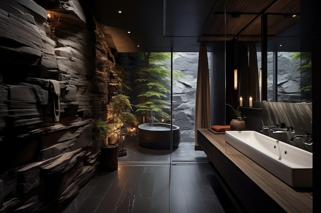 Elegantly Toned Bathroom Featuring Stone Glass and Sauna Generative AI