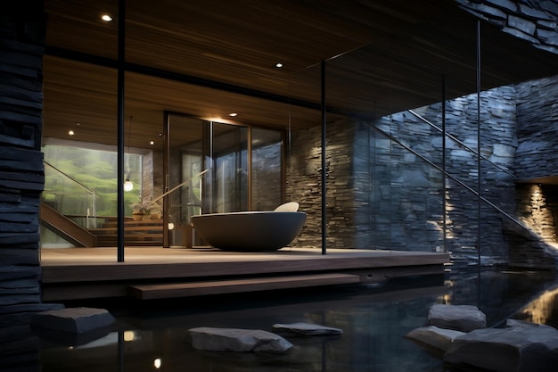 Elegantly Toned Bathroom Featuring Stone Glass and Sauna Generative AI