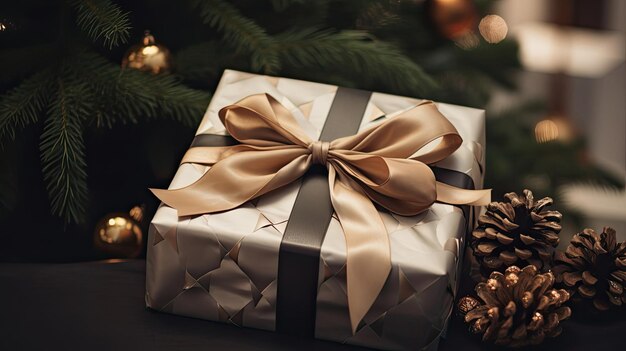 Elegantly wrapped gifts on fresh evergreen branches with pine cones