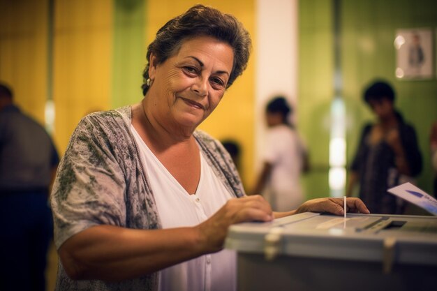 Eleitora brasileira em uma secao eleitoral votando