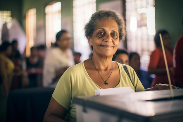 Eleitora brasileira em uma secao eleitoral votando