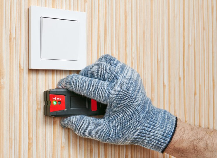 Elektricien die de kabeldetector gebruikt, scant de muur om verborgen bedrading te vinden