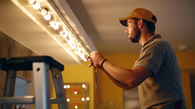 Elektricien die het licht in een gerenoveerd appartement repareert Caucasian Electrician