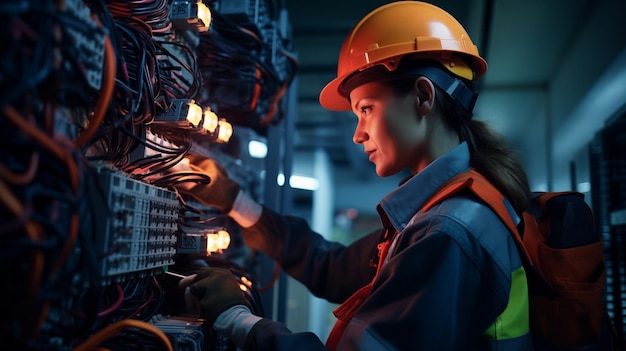 Elektricien ingenieur vrouw repareert bedrading in een elektrisch schakelbord probleemoplossing van een elektrisch station