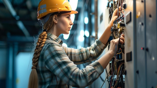 Elektricien vrouw installatie van elektrisch schakelbord systeem professionele in het werkproces