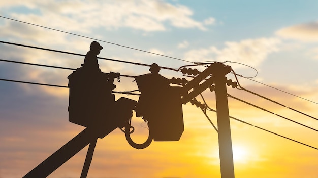 Foto elektricien werkt op hoogte aan kraan hoogspanningssysteem