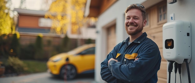 Elektricist glimlacht en installeert een elektrische oplading voor de auto