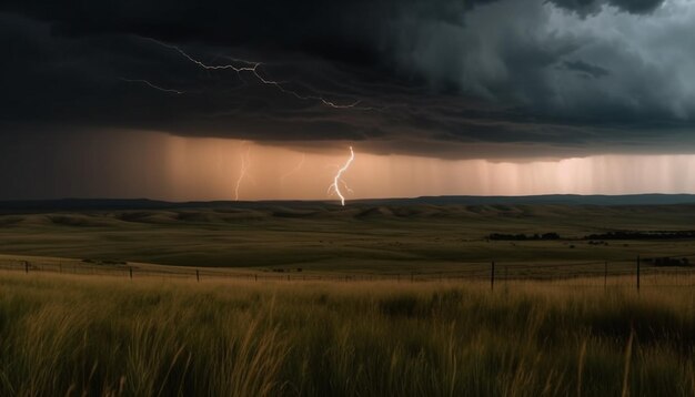 Elektriciteit vonkt in dramatisch stormachtig landelijk landschap gegenereerd door ai