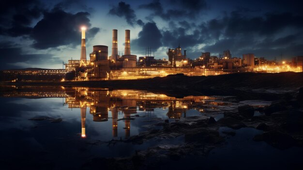 Elektriciteitscentrale met schoorstenen die reflecteren op water en een tentoonstelling van industriële energieproductie