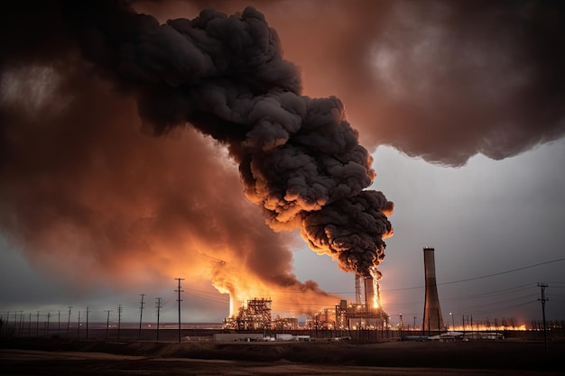 Elektriciteitscentrale omgeven door torenhoge vlammen en rook die kooldioxide-emissies in de lucht vrijgeeft