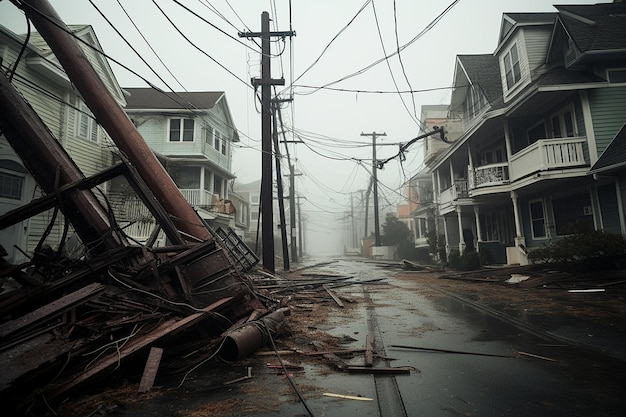 Elektriciteitslijnen en elektriciteitspalen omvergeworpen door orkaankrachtige winden