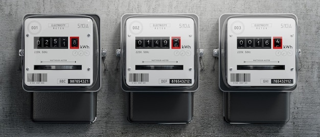 Elektriciteitsmeters en betonnen wand 3D illustratie