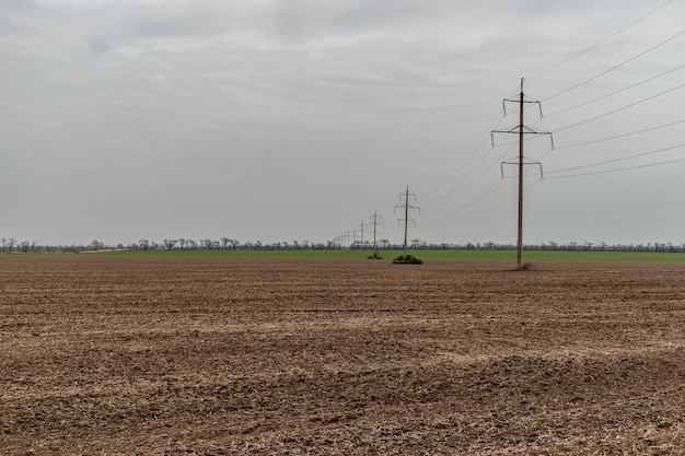 Elektriciteitspalen in een veld